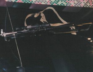 A photo of a bowcaster prop on display at Planet Hollywood.