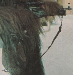 A behind the scenes photo of the bowcaster from the production of the original Star Wars.