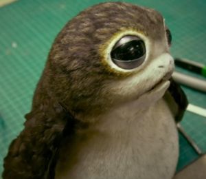 A behind the scenes image of the a porg from The Last Jedi.